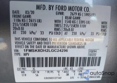 2020 Ford Explorer Xlt из США, поврежденный, VIN 1FMSK8DH2LGC24296